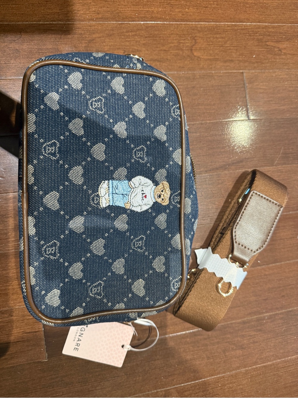 Denim Crossbody Bag with Brown Strap